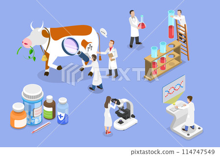 3D Isometric Flat Vector Illustration of Medical Checkup For Farm Animals, Animal Husbandry Healthcare 114747549