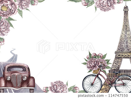 Vintage frame with retro car, Eiffel tower, bicycle and road. Decorated with peony flowers. A retro-style journey. A watercolor illustration made by hand. For postcards, banners and posters. 114747550