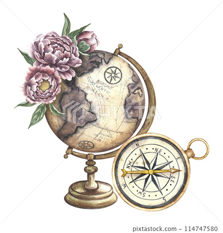 Vintage globe and retro compass. A hand-painted watercolor illustration of an ancient model of the earth on a wooden stand and an antique compass. For banners, flyers, posters. For print, sticker. Vintage globe and retro compass. A hand-painted watercolor illustration of an ancient model of the earth on a wooden stand and an antique compass. For banners, flyers, posters. For print, sticker. 114747580