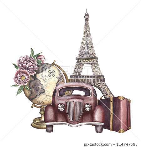 A retro car and an antique globe of the earth, the Eiffel Tower and a suitcase. A watercolor illustration made by hand. Vintage travel. For banners, flyers, posters. For prints, stickers, postcards. 114747585