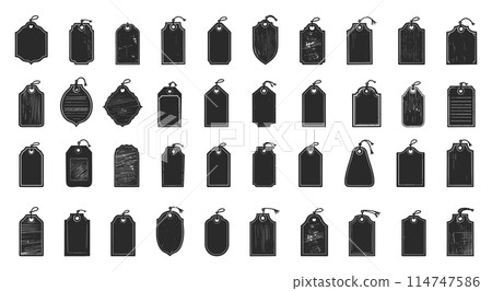 Clothing Tags. Products for Labeling Clothes. Tags. Black and White Illustration on Insulated White Background. Clothing Tag Icons. Apparel Labels and Tags 114747586