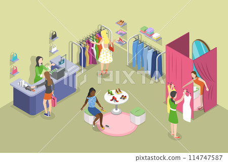 3D Isometric Flat Vector Illustration of Clothing Store, Showroom Interior 114747587