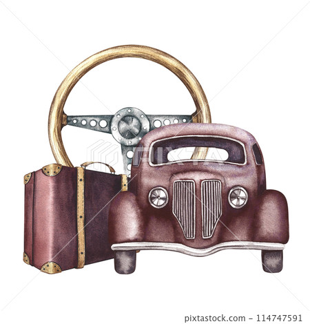 Vintage retro car, front view. Antique wooden steering wheel and retro suitcase. A watercolor illustration made by hand. Vintage travel. For posters, prints, stickers and postcards. Vintage retro car, front view. Antique wooden steering wheel and retro suitcase. A watercolor illustration made by hand. Vintage travel. For posters, prints, stickers and postcards. 114747591