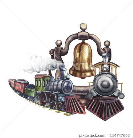 Vintage steam locomotives, and a steam locomotive bell. Watercolor illustration made by hand in retro style. For banners, flyers, posters. For prints, stickers, postcards and tickets. Vintage steam locomotives, and a steam locomotive bell. Watercolor illustration made by hand in retro style. For banners, flyers, posters. For prints, stickers, postcards and tickets. 114747603