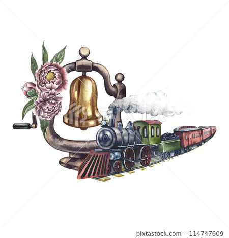 Vintage steam locomotive and locomotive bell decorated with flowers. Handmade watercolor illustration in vintage style. For postcards, badges and emblems for posters, prints or stickers, tickets. Vintage steam locomotive and locomotive bell decorated with flowers. Handmade watercolor illustration in vintage style. For postcards, badges and emblems for posters, prints or stickers, tickets. 114747609