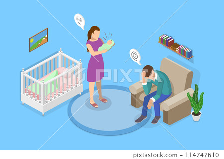 3D Isometric Flat Vector Illustration of Depressed Parents, Postnatal Anxiety 114747610