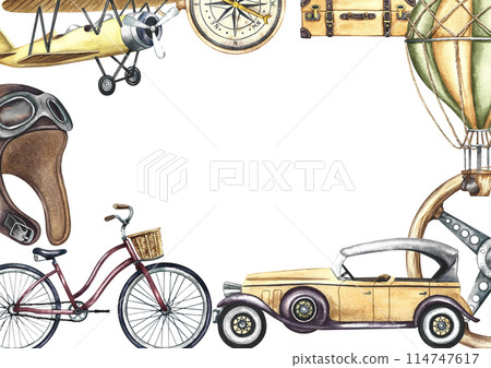 Border frame with vintage transports over land and sky Retro cars, bicycles, airplanes and balloons. A watercolor illustration made by hand. For banner, flyer, poster and printing. For postcards. 114747617