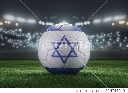 Soccer ball in flag colors on a bright blurred stadium background. Israel. 3D image Soccer ball in flag colors on a bright blurred stadium background. Israel. 3D image 114747643