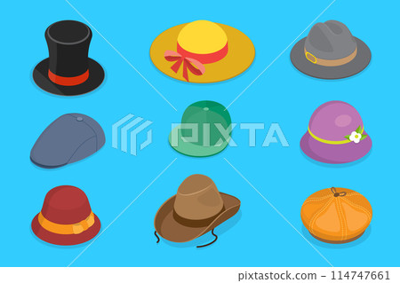 3D Isometric Flat Vector Set of Hats, headgears, Clothing Accessory 3D Isometric Flat Vector Set of Hats, headgears, Clothing Accessory 114747661
