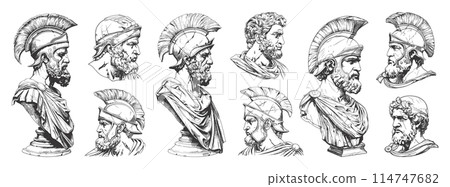 Ancient Greek Heroes Busts Set. Antique Sculptures for Education in Hand-Drawn Style. Detailed Sculptures of Ancient Greece, Mythology, History, Classical Art, Hellenic Culture 114747682