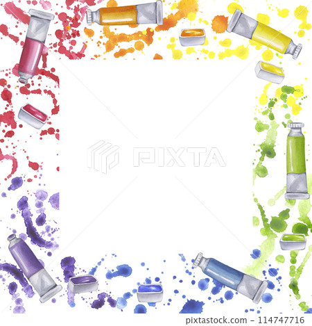 Paint tube square frame watercolor gouache with expressive colorful splashes and drops. Colors of rainbow. Creative supplies for drawing. Hand drawn illustration isolated background. Clip art for book 114747716