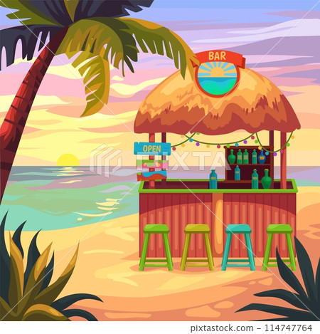 Cartoon tiki bar. Hawaiian beach restaurant with snacks menu for aloha hawaii dress party, summer hut wooden bamboo house on tropical island landscape ingenious vector illustration 114747764