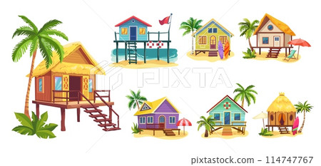 Cartoon beach houses. Shack house on beachfront, tiki bar cabin hut bungalow country building cottage in caribbean or australia island 114747767