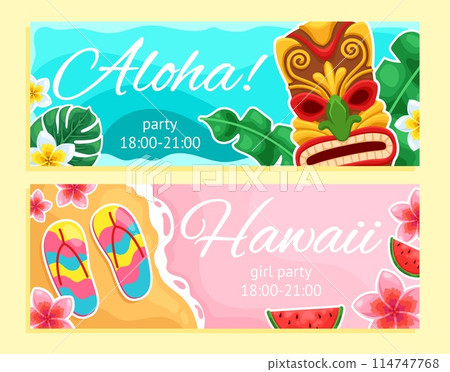 Tiki banner. Hawaiian beach bar poster background, hawaii aloha surf party decoration polynesian culture tribal totem mask flowers leaf summer design, ingenious vector illustration Tiki banner. Hawaiian beach bar poster background, hawaii aloha surf party decoration polynesian culture tribal totem mask flowers leaf summer design, ingenious vector illustration 114747768