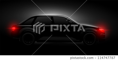 Realistic car silhouette. Black sleek supercar side view, luxury cars with glow headlight in dark night background, abstract hide auto driving Realistic car silhouette. Black sleek supercar side view, luxury cars with glow headlight in dark night background, abstract hide auto driving 114747787