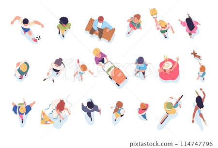 Walking people top view. Overhead person silhouette aerial map, above society community target group businessman run man with backpack phone walk woman classy vector illustration 114747796