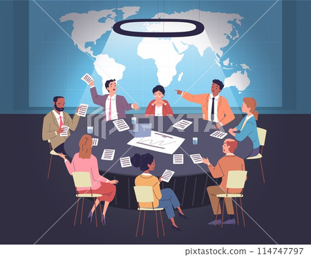 Negotiation table. Political meeting or board of directors in corporate boardroom, government council discuss global diplomacy international conference, classy vector illustration 114747797