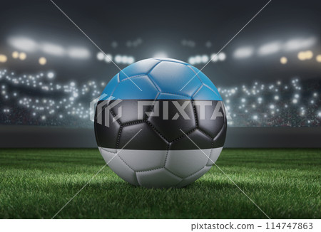 Soccer ball in flag colors on a bright blurred stadium background. Estonia. 3D image Soccer ball in flag colors on a bright blurred stadium background. Estonia. 3D image 114747863