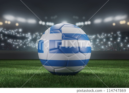 Soccer ball in flag colors on a bright blurred stadium background. Greece. 3D image Soccer ball in flag colors on a bright blurred stadium background. Greece. 3D image 114747869