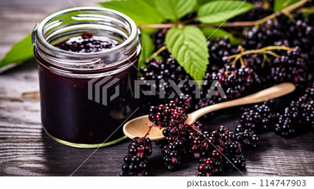 Elderberry jam nestled in a glass jar on a wooden table 114747903
