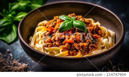 Top view of savory spaghetti bolognese elegantly presented on a dark background 114747904