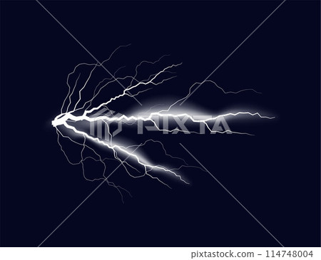 White lightning and horizontal thunderbolt, vector realistic natural strength or magic light rays, electricity explosion 114748004