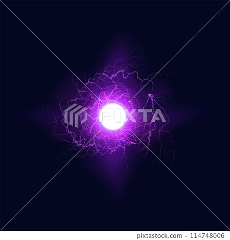 Neon purple vector ball lightning on a dark background. 114748006