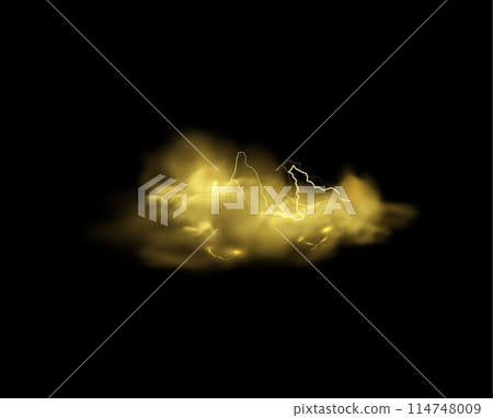 Yellow cloud with lightning strikes thundercloud, vector realistic storm cloud, magical energy flash glowing thunderbolt 114748009
