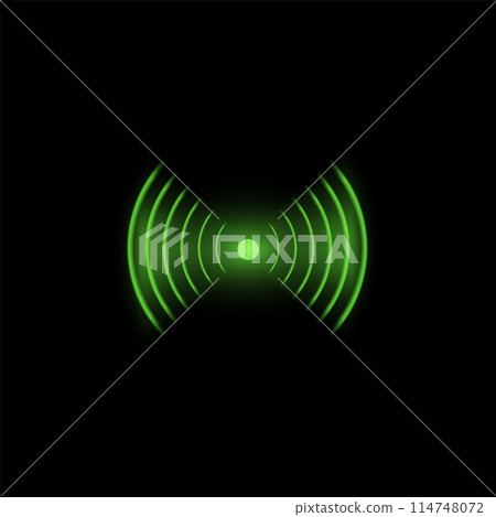 Green Wifi technology digital radar neon light vector icon, glow wireless radial waves signal, sound effect antenna sign 114748072