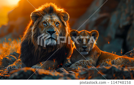 Majestic lioness and her cute cub bask in the sunset on the African savannah, embodying the beauty and danger of nature 114748158