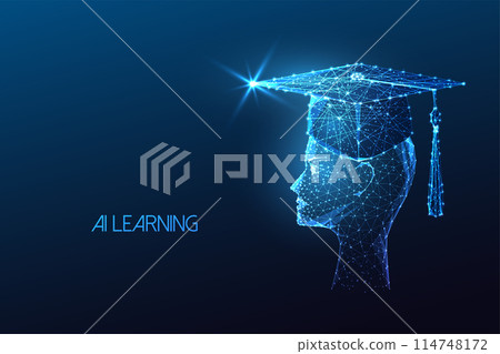 AI learning futuristic concept with humanoid head wearing graduation cap on dark blue background AI learning futuristic concept with humanoid head wearing graduation cap on dark blue background 114748172