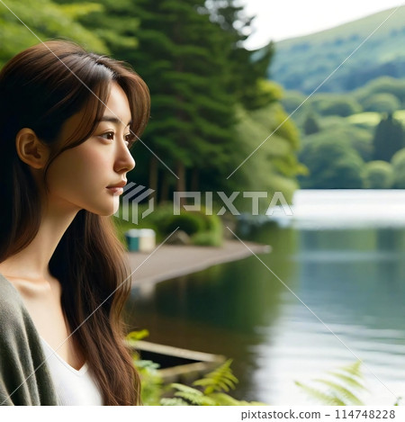I created a photo of a Japanese woman gazing blankly at the water on the shore of a lake in the Lake District. 114748228