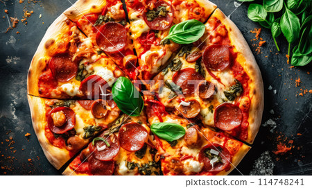 Top view of a Paperoni pizza adorned with basil 114748241