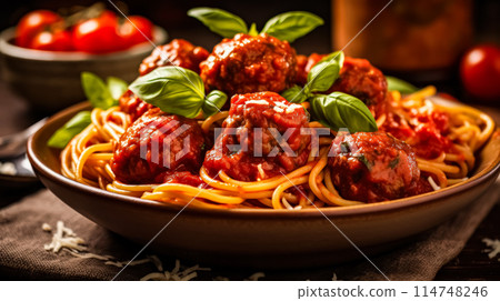 Spaghetti with meatballs, draped in tomato sauce and parmesan Spaghetti with meatballs, draped in tomato sauce and parmesan 114748246
