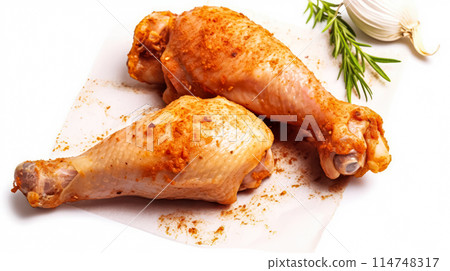 Savor the anticipation, Raw chicken legs seasoned to perfection on parchment 114748317