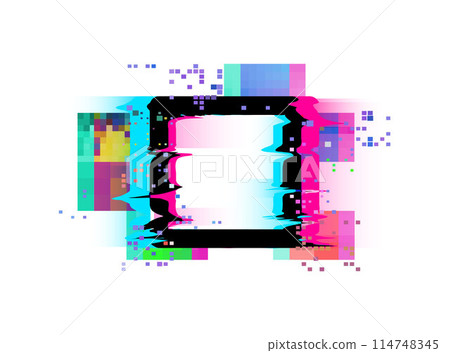Square with colorful glitch and digital noise effects, dynamic geometric shapes and pixels vector abstract illustration 114748345