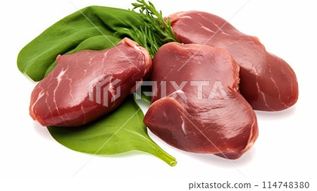 Delicate indulgence, Raw chicken livers presented on a pristine white isolated background. 114748380