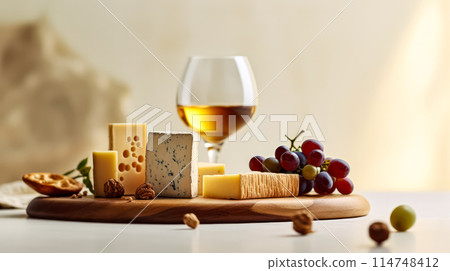 A glass of wine, complemented by cheese and grapes 114748412