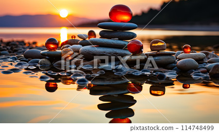harmony and balance with zen rocks arranged in the form of scales against the backdrop of the sea. 114748499