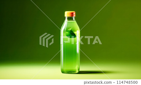 Tonic green smoothie from vegetables in a bottle on a lush green backdrop. 114748500