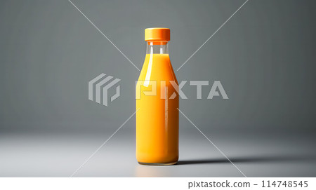 Orange juice in a glass bottle, vibrant background. 114748545