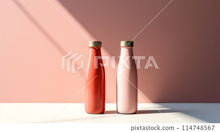 Sip on the goodness of a pink berry smoothie in a bottle. 114748567