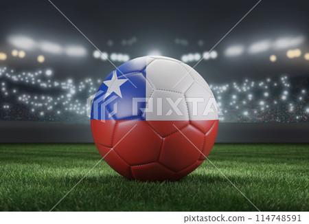 Soccer ball in flag colors on a bright blurred stadium background. Chile. 3D image 114748591