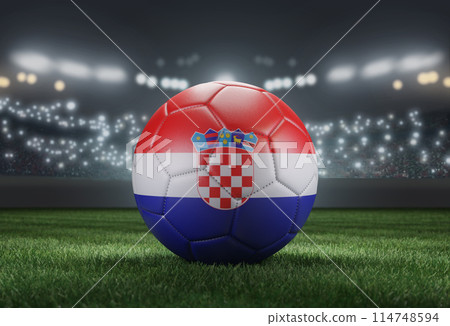 Soccer ball in flag colors on a bright blurred stadium background. Croatia. 3D image Soccer ball in flag colors on a bright blurred stadium background. Croatia. 3D image 114748594