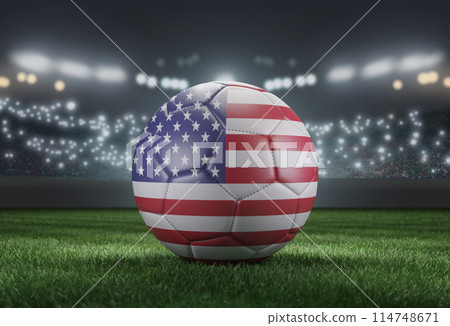 Soccer ball in flag colors on a bright blurred stadium background. USA. 3D image Soccer ball in flag colors on a bright blurred stadium background. USA. 3D image 114748671