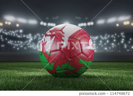 Soccer ball in flag colors on a bright blurred stadium background. Wales. 3D image Soccer ball in flag colors on a bright blurred stadium background. Wales. 3D image 114748672