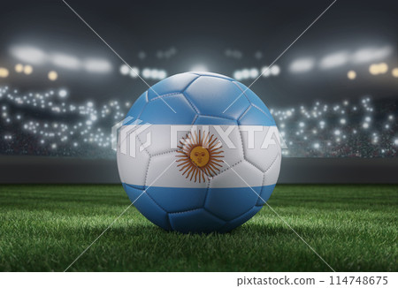 Soccer ball in flag colors on a bright blurred stadium background. Argentina. 3D image Soccer ball in flag colors on a bright blurred stadium background. Argentina. 3D image 114748675