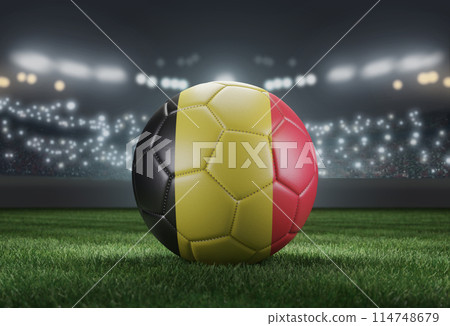 Soccer ball in flag colors on a bright blurred stadium background. Belgium. 3D image 114748679