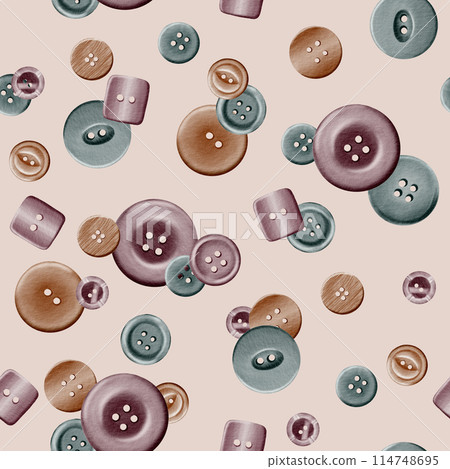 Buttons of different sizes, shapes and materials in seamless pattern in digital watercolor technique on peach background.Can be used in stickers, textiles, scrapbooking and wrapping paper. 114748695