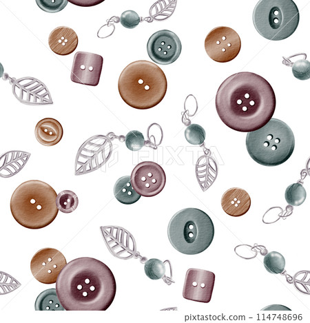 Buttons of different sizes,shapes and materials and stitch metal markers in seamless pattern in digital watercolor technique on white background.For textiles,scrapbooking and wrapping paper Buttons of different sizes,shapes and materials and stitch metal markers in seamless pattern in digital watercolor technique on white background.For textiles,scrapbooking and wrapping paper 114748696
